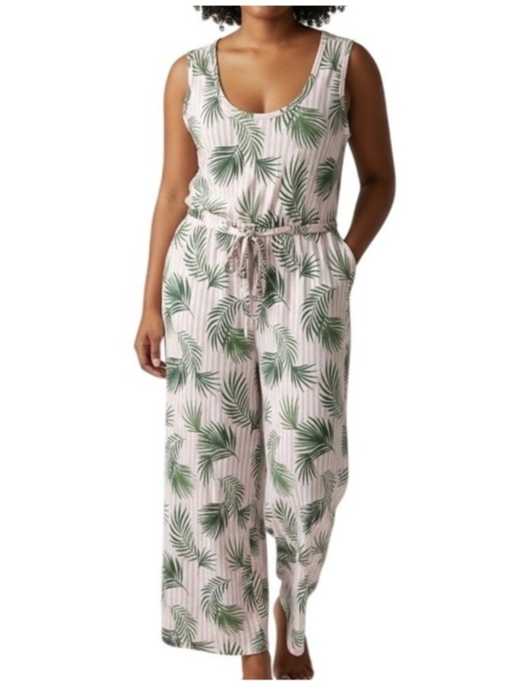 Lands End pink stripe tropical sleeveless jumpsuit medium 10–12